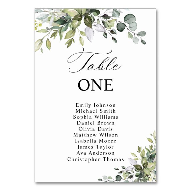 Elegant Greenery Table Number Seating Chart (Front)