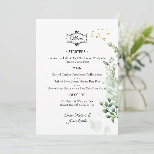 Elegant Greenery Table Wedding Menu (Standing Front)