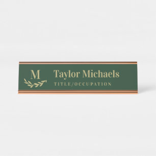 Elegant Greenery Tan Dark Green Monogram & Name Desk Name Plate