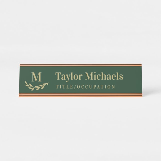 Elegant Greenery Tan Dark Green Monogram & Name Desk Name Plate (Front)