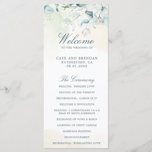 Elegant Greenery Watercolor Eucalyptus Wedding Program (Front)
