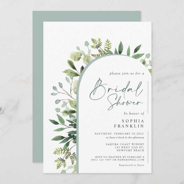 Elegant Greenery Watercolor Floral Bridal Shower  Invitation (Front/Back)