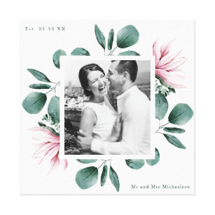Elegant Greenery Watercolor Frame Photo Wedding Canvas Print