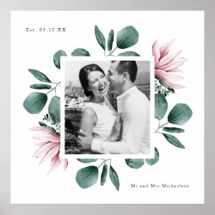 Elegant Greenery Watercolor Frame Photo Wedding Poster