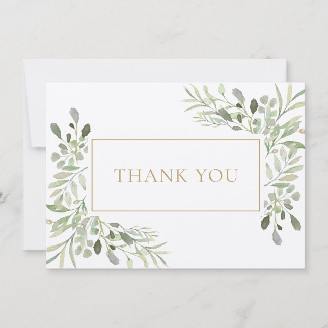 Elegant Greenery Watercolor Gold Rustic Thank You Card (Front)
