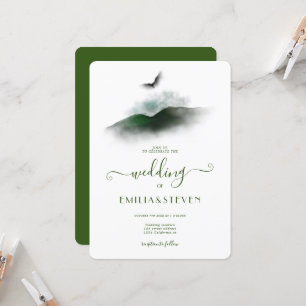 Elegant Greenery Watercolor Mountains Wedding Invitation
