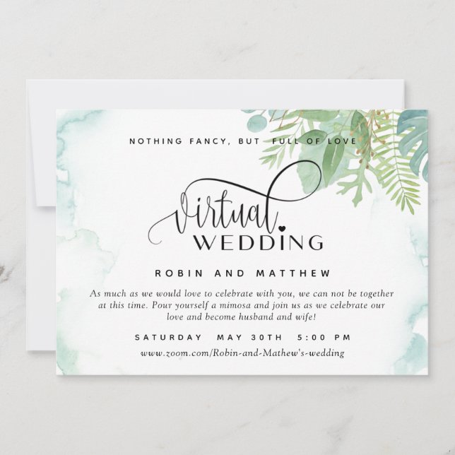 Elegant Greenery Watercolor Online Virtual Wedding Invitation (Front)