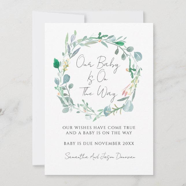 Elegant Greenery Watercolor Pregnancy  Announcement (Front)