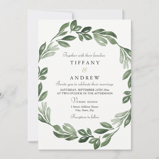 Elegant Greenery Watercolor Wreath Wedding Invite (Front)