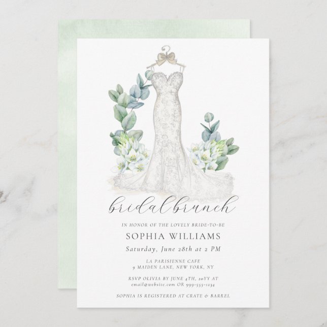 Elegant Greenery Wedding Dress Bridal Brunch Invitation (Front/Back)