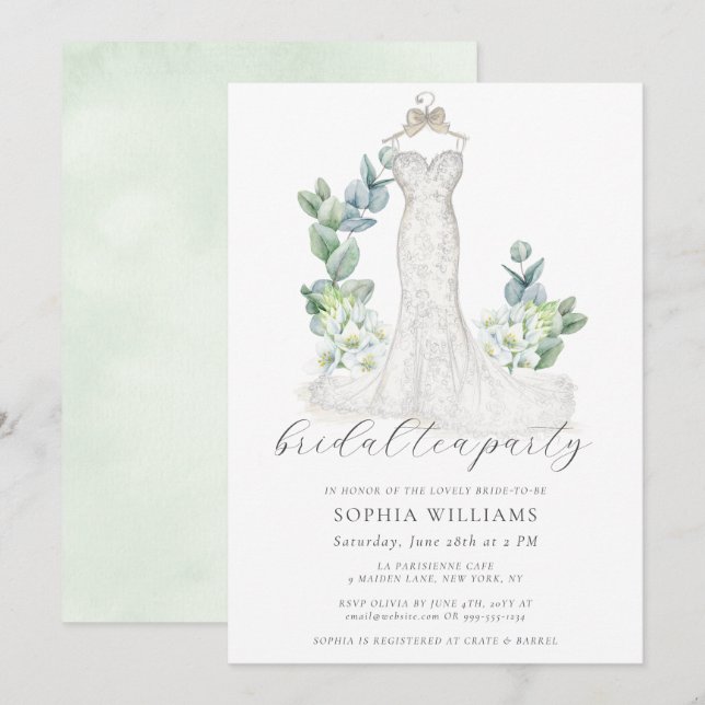 Elegant Greenery Wedding Dress Bridal Tea Party Invitation (Front/Back)
