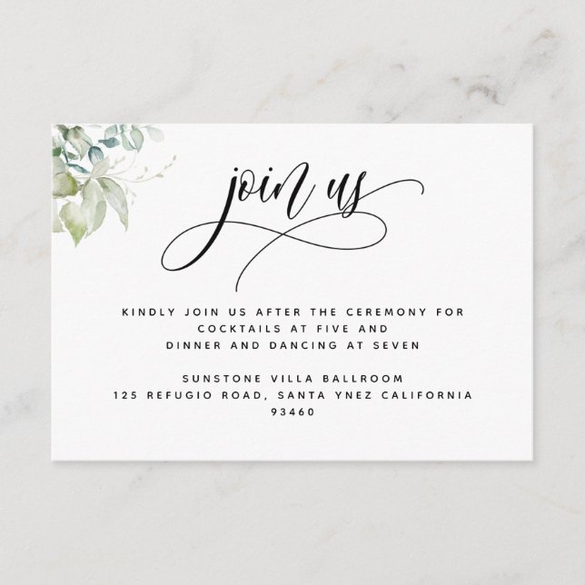 Elegant Greenery Wedding Join Us Reception Enclosure Card (Front)