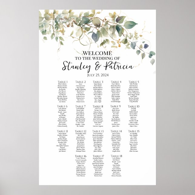 Elegant greenery wedding seating chart 18 tables (Front)