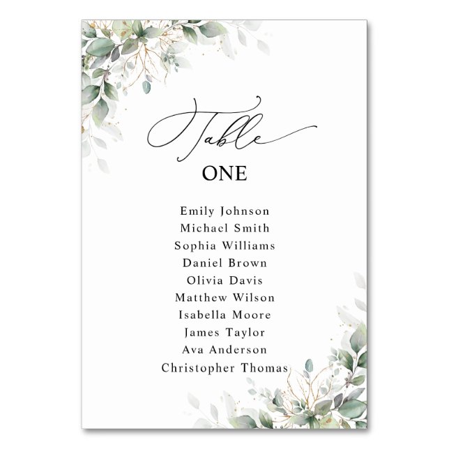 Elegant Greenery Wedding Table Seating Chart Cards (Front)