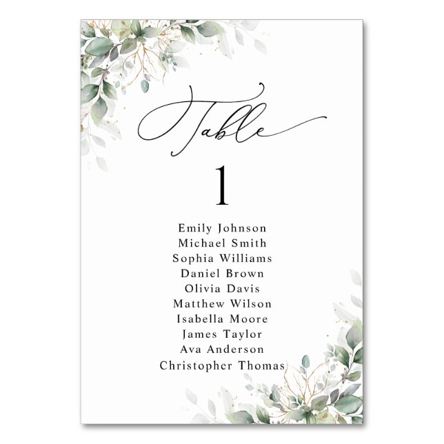 Elegant Greenery Wedding Table Seating Chart Cards (Front)