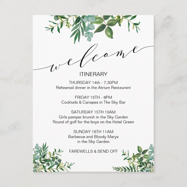 Elegant Greenery Weekend Itinerary Welcome  Enclosure Card (Front)