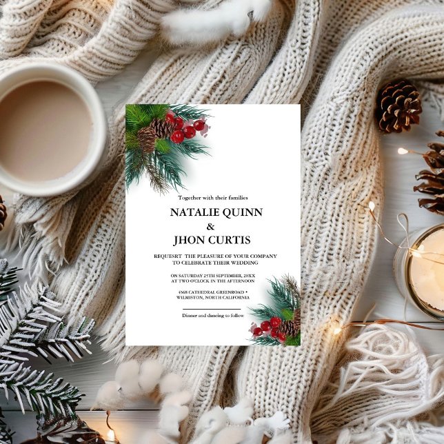 Elegant Greenery  white christmas winter wedding Invitation (Creator Uploaded)