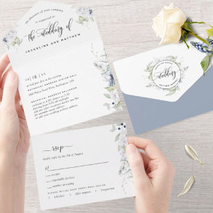 Elegant Greenery, White Dusty Blue Floral Wedding All In One Invitation