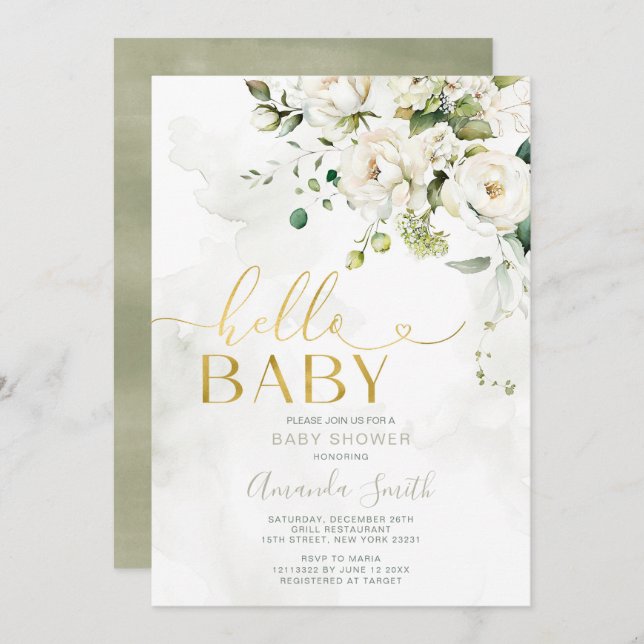 Elegant Greenery White Floral Gold Hello Baby Invitation (Front/Back)