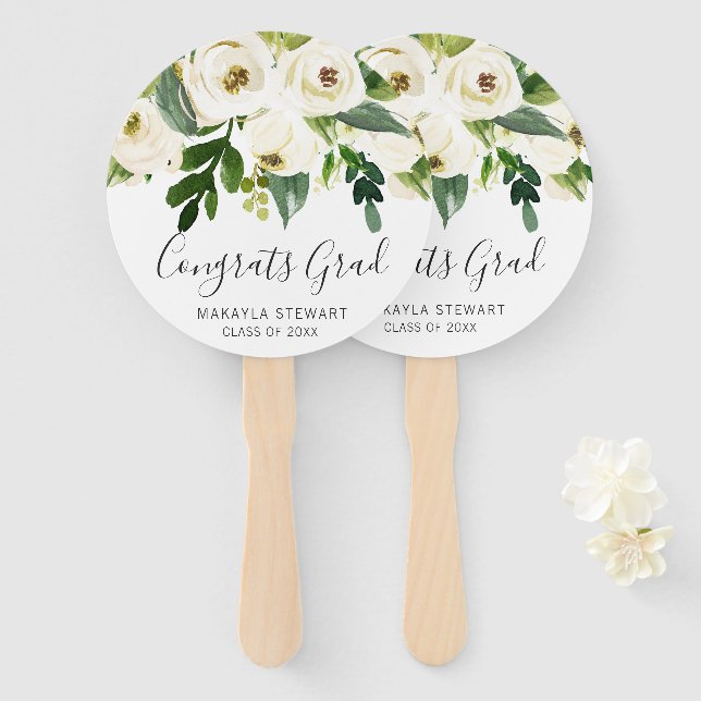 Elegant Greenery White Floral Graduation Hand Fan (Front and Back)