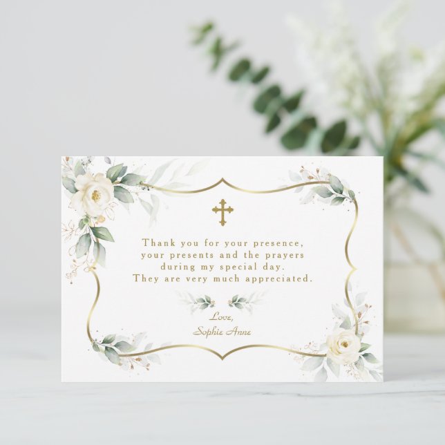 Elegant Greenery White Flowers Gold Cross Baptism  Thank You Card (Standing Front)