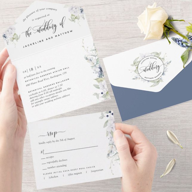 Elegant Greenery, White Navy Blue Floral Wedding All In One Invitation (Creator Uploaded)