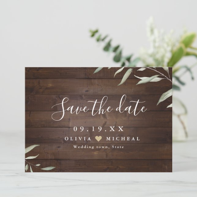 Elegant greenery wood county rustic save the date (Standing Front)