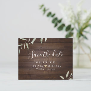 Elegant greenery wood county rustic save the date postcard