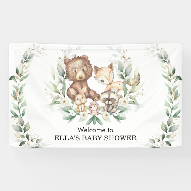 Elegant Greenery Woodland Animals Baby Welcome Banner (Horizontal)
