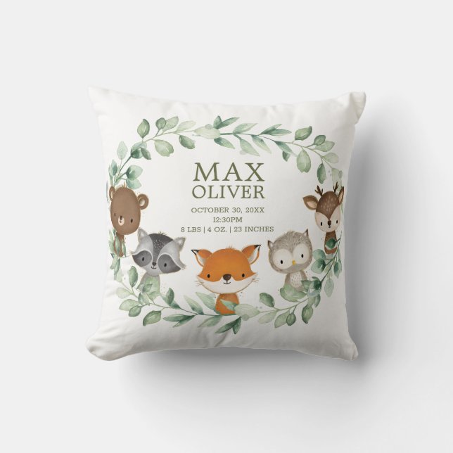 Elegant Greenery Woodland Birth Stats Boy Nursery Cushion (Front)