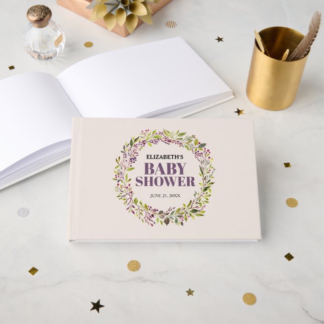 Elegant Greenery Wreath Baby Shower Guest Book (Front Open)