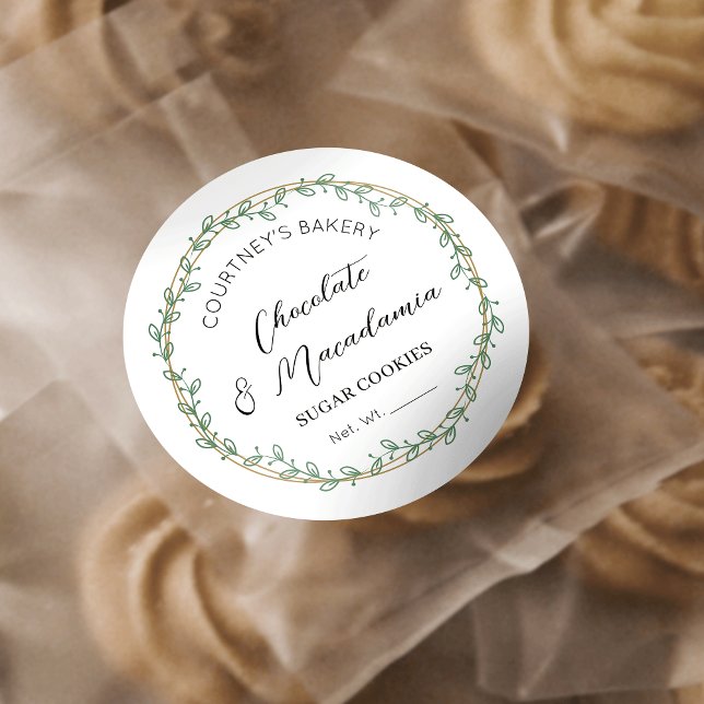 Elegant Greenery Wreath Bakery Cupcakes Cookies Classic Round Sticker (Stylish greenery wreath cookie stickers featuring modern calligraphy and minimal layout)