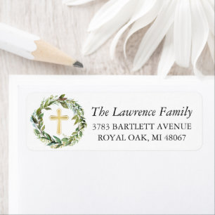Elegant Greenery Wreath Gold Cross Return Address Label