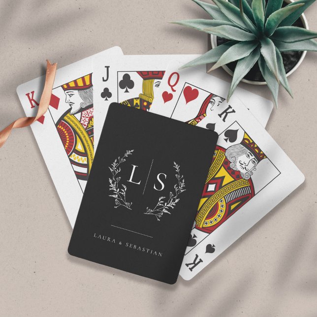 Elegant Greenery Wreath Monogram Black Playing Cards (Creator Uploaded)