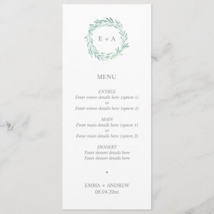 Elegant Greenery Wreath Monogram Wedding Menu