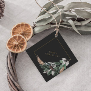 Elegant Greenery Wreath On Black Merry Christmas Favour Tags