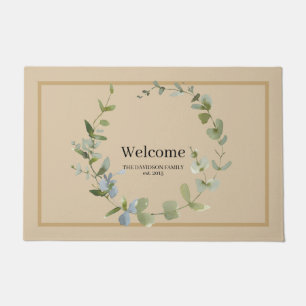 Elegant Greenery Wreath Personalised Welcome Doormat