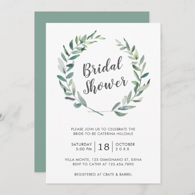 Elegant Greenery Wreath Rustic Bridal Shower Invitation (Front/Back)