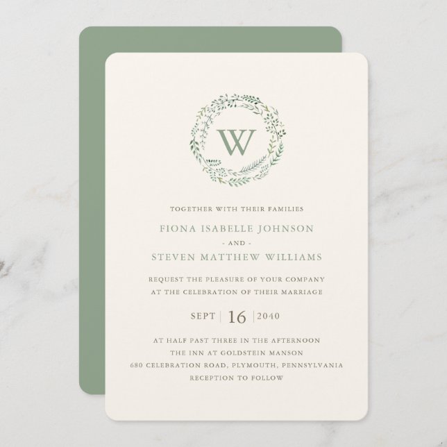 Elegant Greenery Wreath Watercolor Wedding Invitation (Front/Back)