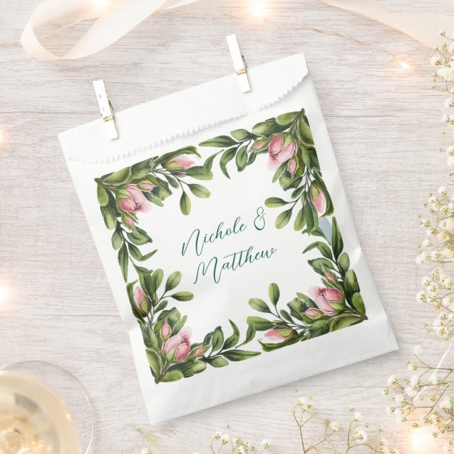 Elegant Greenery Wreath With Pink Rose Bud Wedding Favour Bag (Clipped)