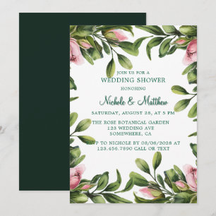 Elegant Greenery Wreath With Pink Rose Bud Wedding Invitation