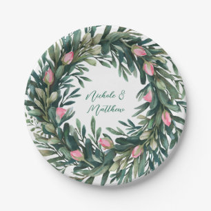 Elegant Greenery Wreath With Pink Rose Bud Wedding Paper Plate