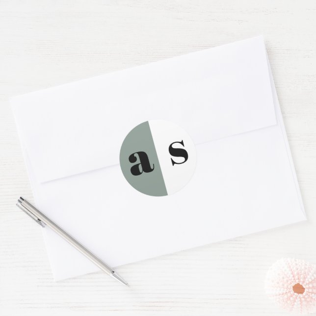 Elegant greenish grey monogram wedding classic round sticker (Envelope)
