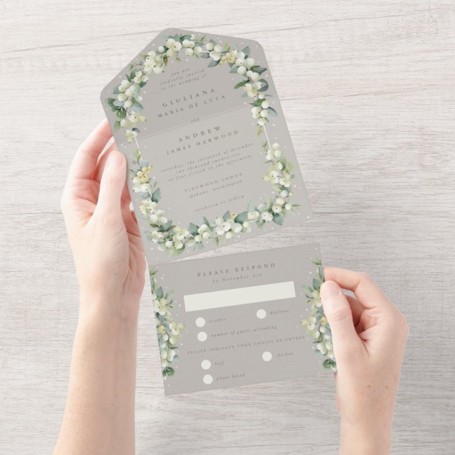 Elegant Greige Snowberry+Eucalyptus Wedding All In One Invitation (Tearaway)