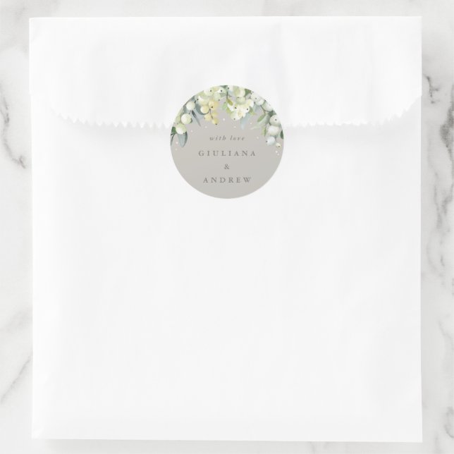 Elegant Greige Snowberry+Eucalyptus Wedding Classic Round Sticker (Bag)