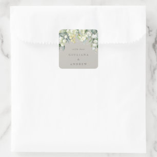 Elegant Greige Snowberry+Eucalyptus Wedding Square Sticker