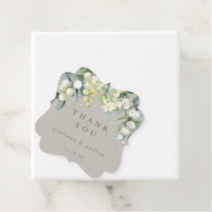 Elegant Greige Snowberry+Eucalyptus Winter Wedding Favour Tags