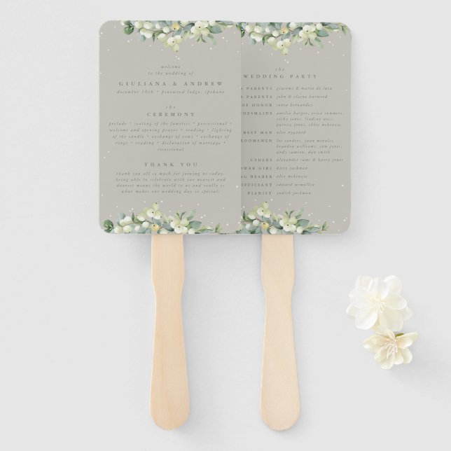 Elegant Greige Snowberry+Eucalyptus Winter Wedding Hand Fan (Front and Back)