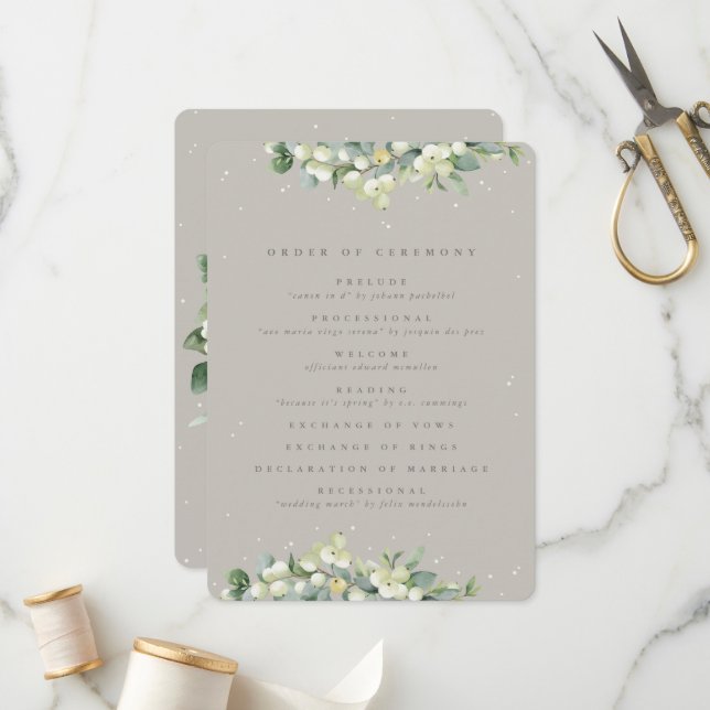 Elegant Greige Snowberry+Eucalyptus Winter Wedding Program (Front/Back In Situ)