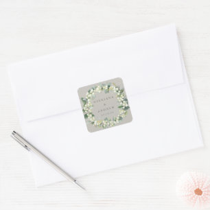 Elegant Greige Snowberry+Eucalyptus Wreath Wedding Square Sticker